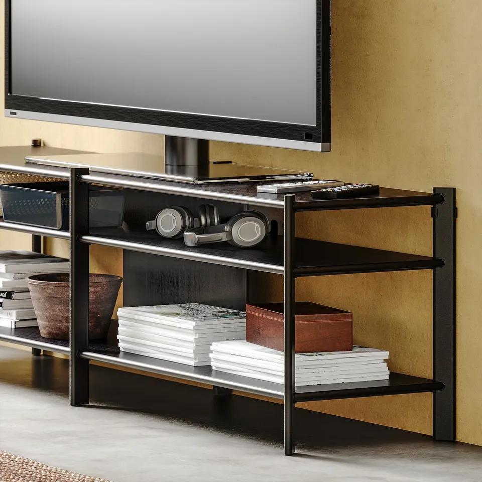 Modern tv stand, JÄTTESTA, black & bamboo, sleek design, stores & displays items, sturdy & stylish.