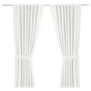 RITVA curtains with tie-backs, 1 pair, white/with heading tape, 145x300 cm