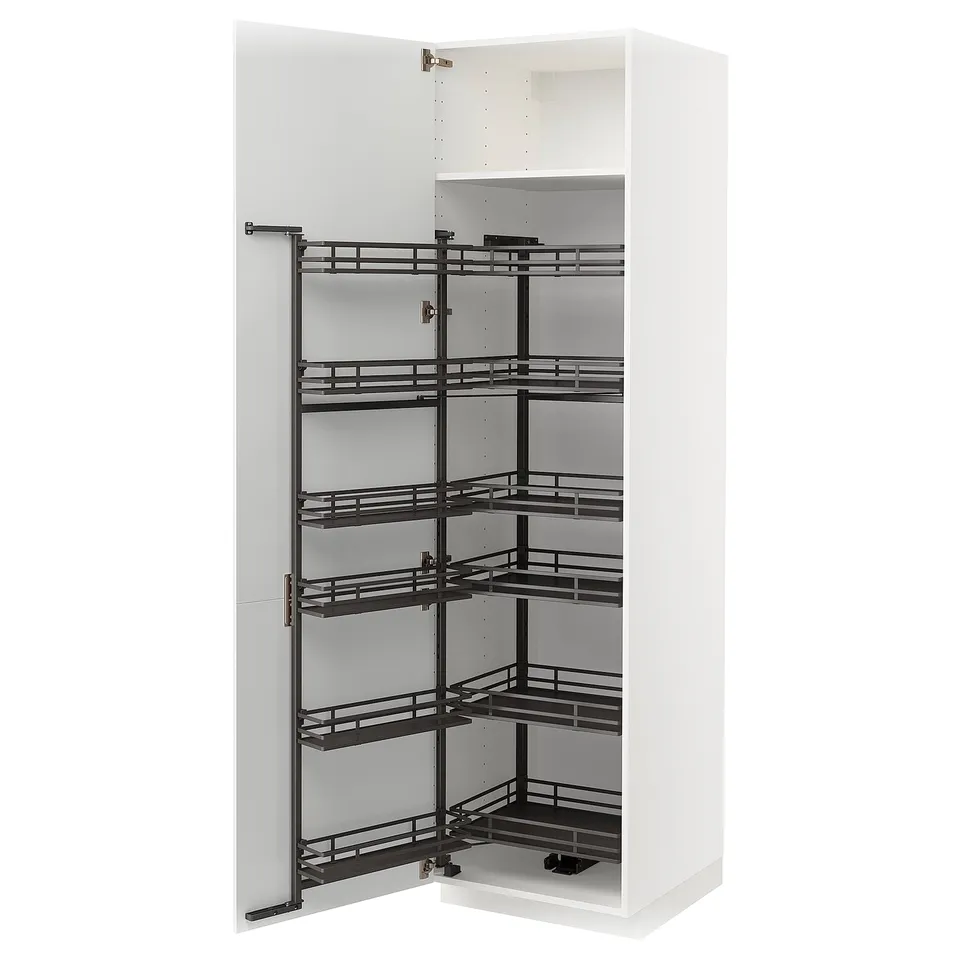 Image shows a METOD kitchen cabinet, white with black pull-out shelves.