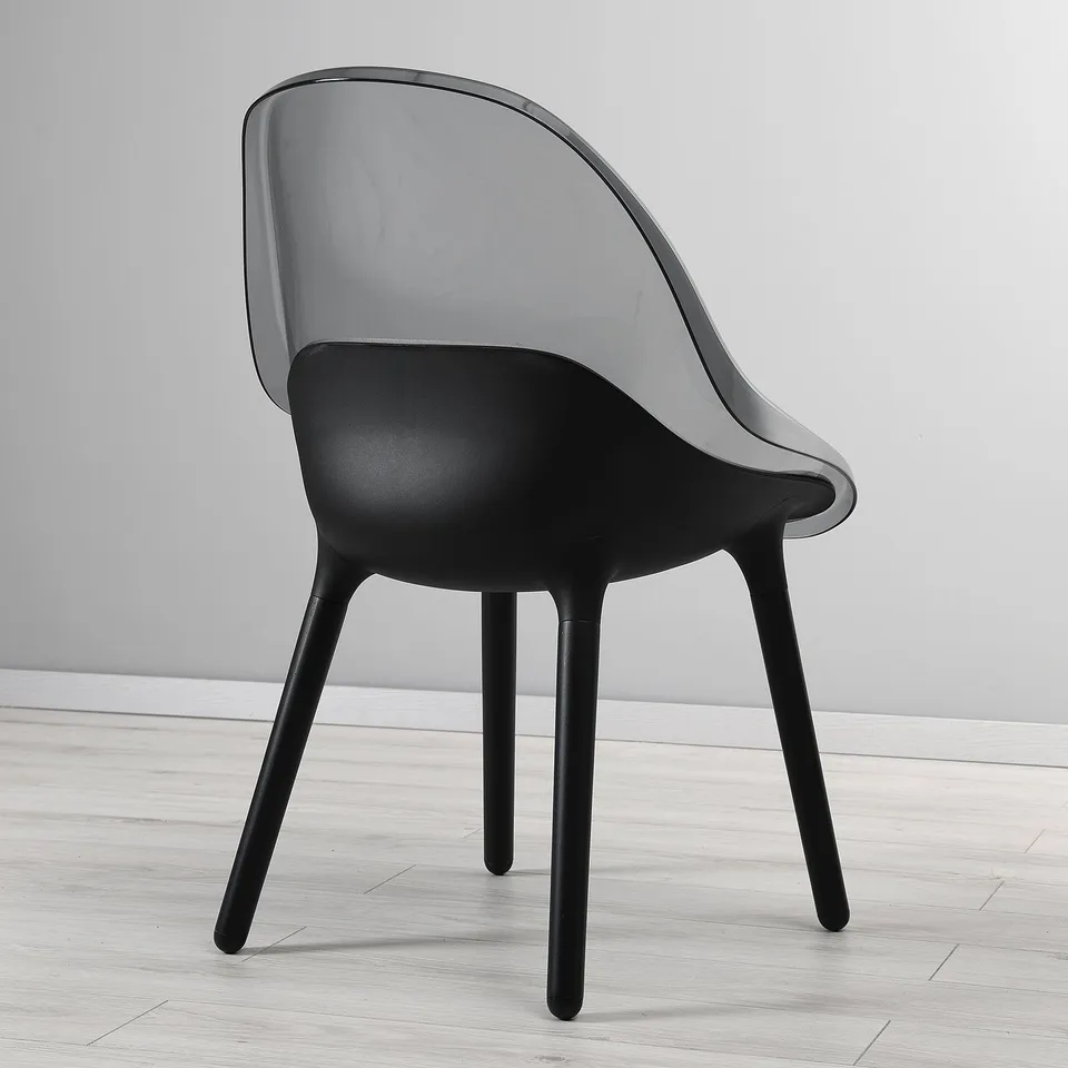 Modern chair with sleek black seat and transparent back, supported by sturdy wooden legs, exuding quality and comfort.
