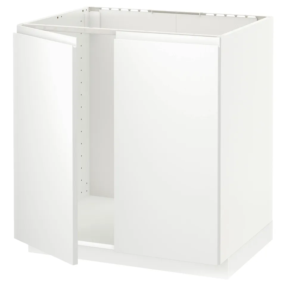 White METOD kitchen cabinet, modern minimalist design, 3-sided frame, sturdy particleboard construction.