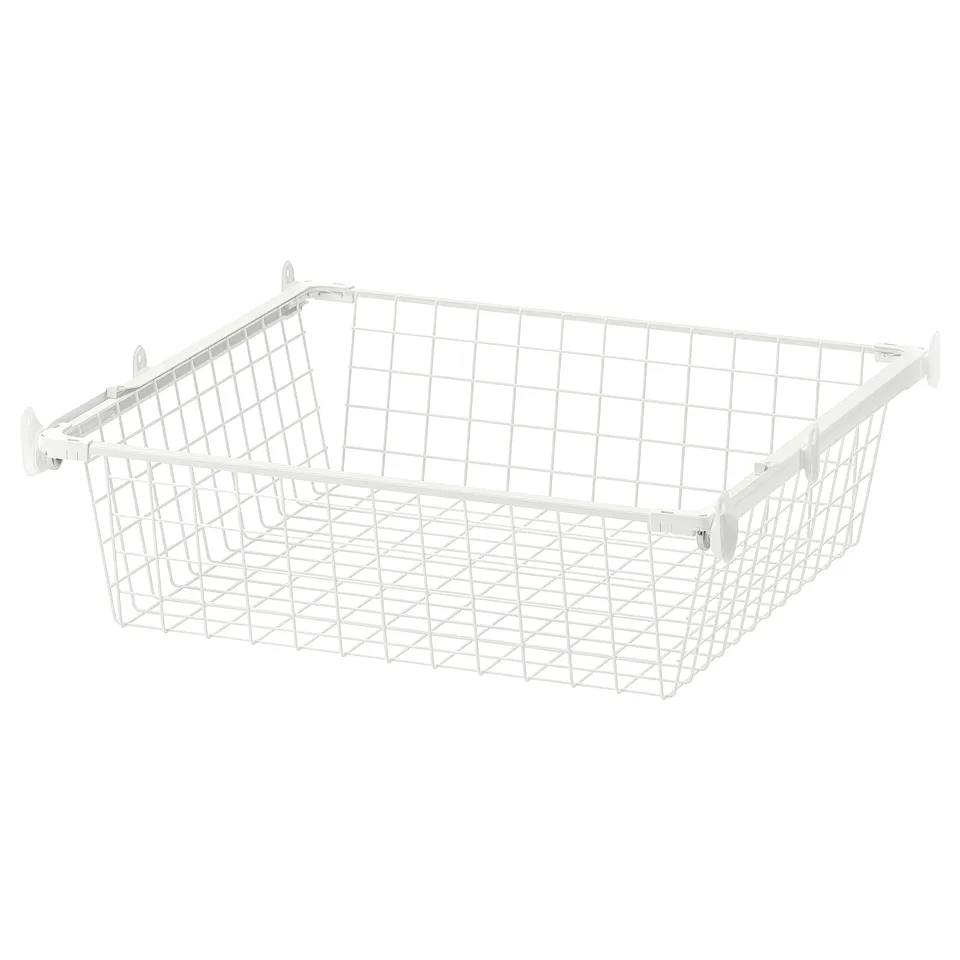 White wire HJÄLPA mesh basket with wheels for easy storage.