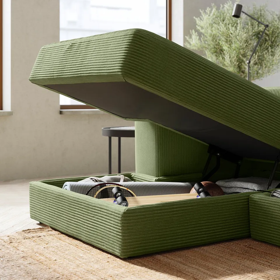 Green modular sofa, JÄTTEBO, with storage.