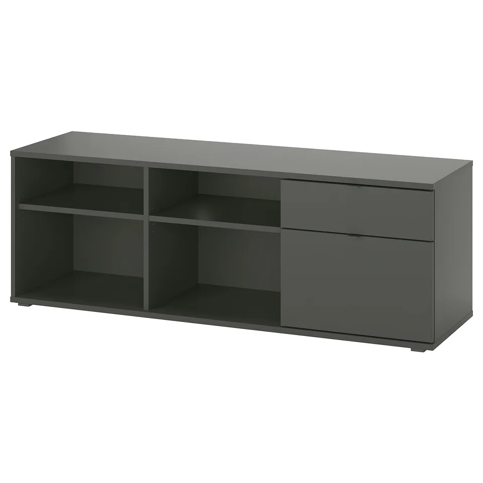 VIHALS black tv bench with 2 drawers, modern, open & closed storage, easy cable management.