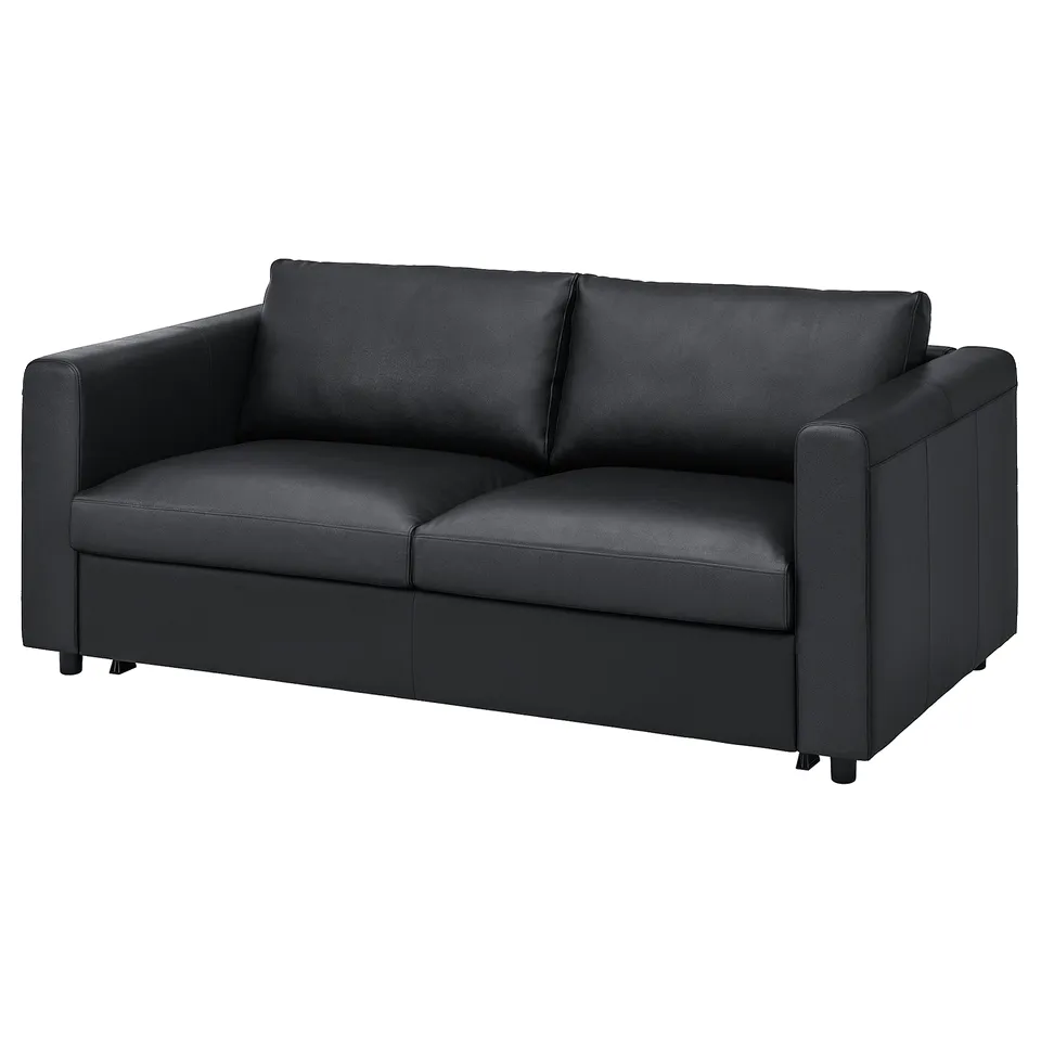 VIMLE black leather sofa; modern, sleek design, convertible with cushions.