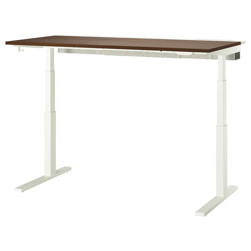 MITTZON desk - white frame, walnut top; adjustable height; rectangular, sleek design.