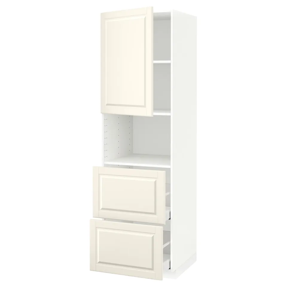 METOD off-white kitchen cabinet set: tall unit, two drawers. Classic design with bevelled edges and smooth fronts.