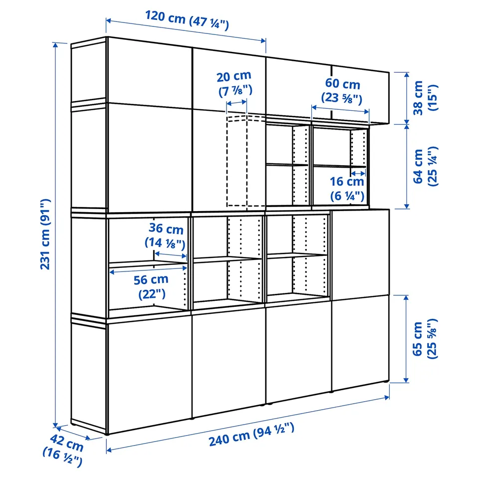 BESTÅ Storage combination with doors, white stained oak/Lappviken white, 240x42x231 cm