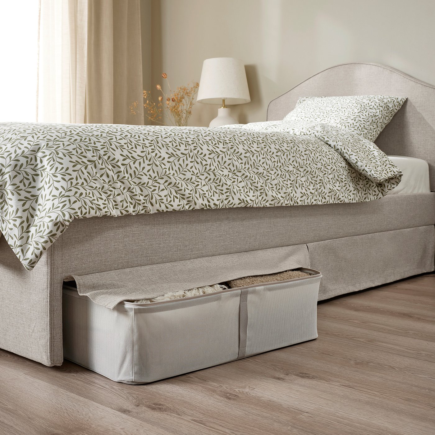 Bed with upholstered headboard and storage underframe, beige, stylish & comfortable
