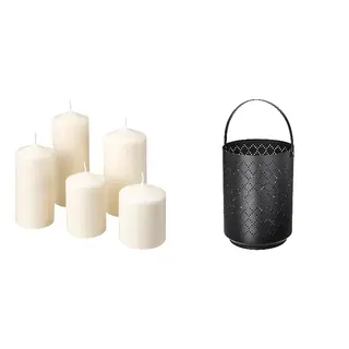 candle + open lantern set: unscented pillar candle, set of 5 + lantern for block candle, natural + black