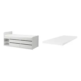 SLÄKT/ÅRBERGET set: bed frame w storage+slatted bedbase + natural latex mattress, white + medium firm white, 90x200 cm