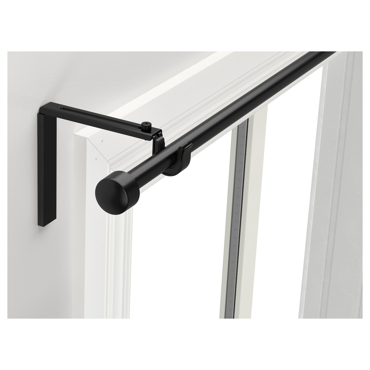 Black RÄCKA curtain rod, adjustable, modern design, mounted on white wall near window.