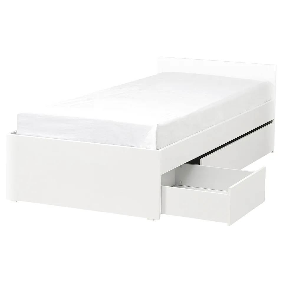White VIHALS bed with 2 storage drawers, sleek design, clean lines.