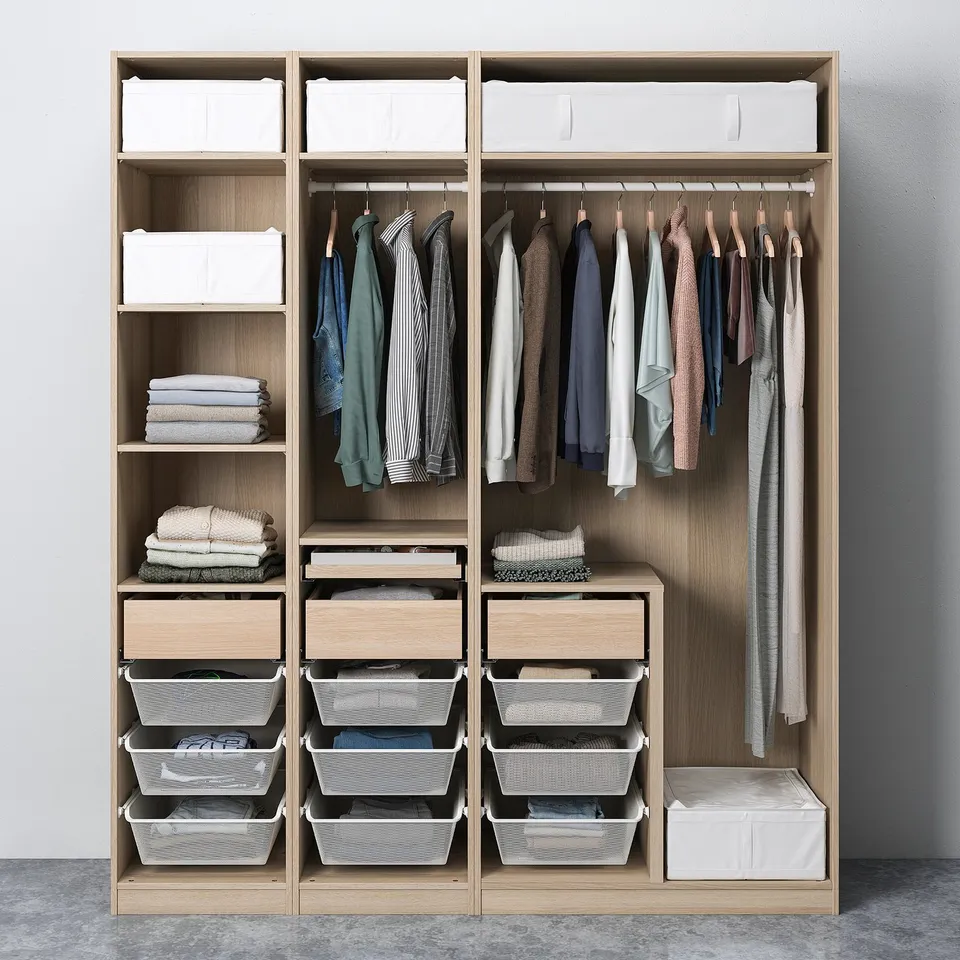 Organised closet with shelves, drawers, and hanging space for clothes and accessories. Includes mesh baskets for folded items and adjustable.