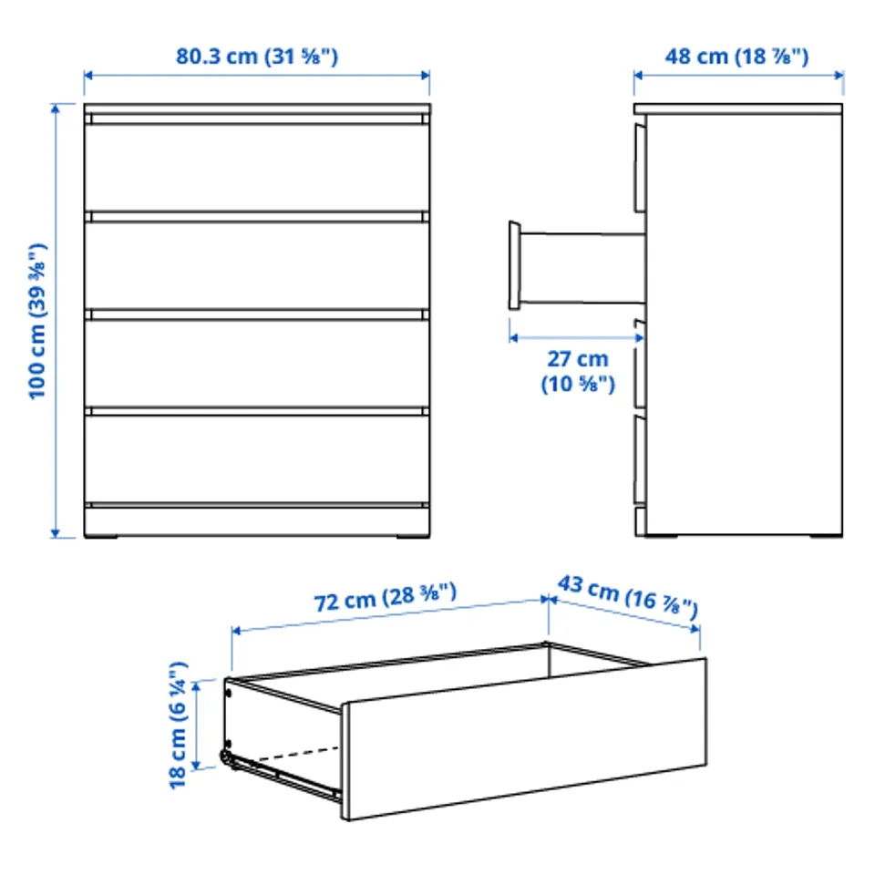 Illustration with measurements for the product: MALM.