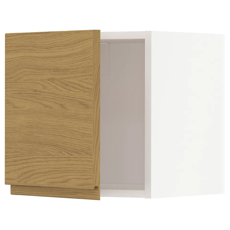 A wooden kitchen cabinet with a white interior.