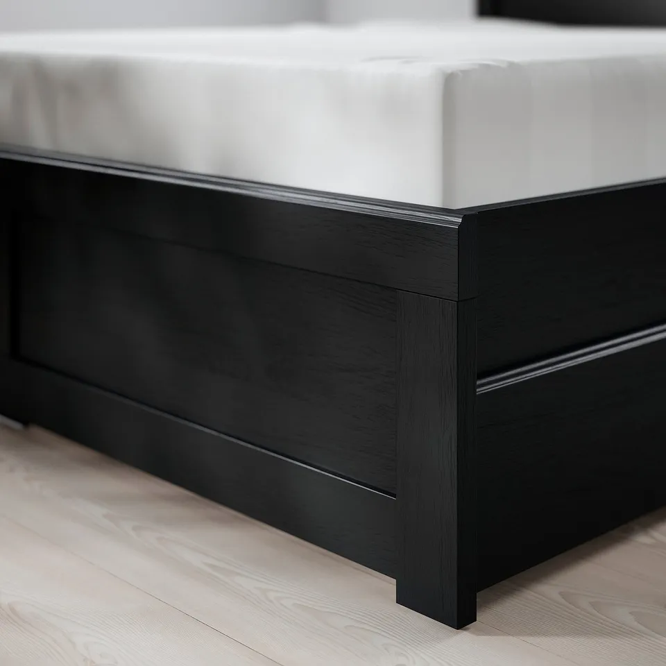 FÅGELFJÄLLET Bed frame with 2 storage boxes, black oak effect/Lönset, 150x200 cm