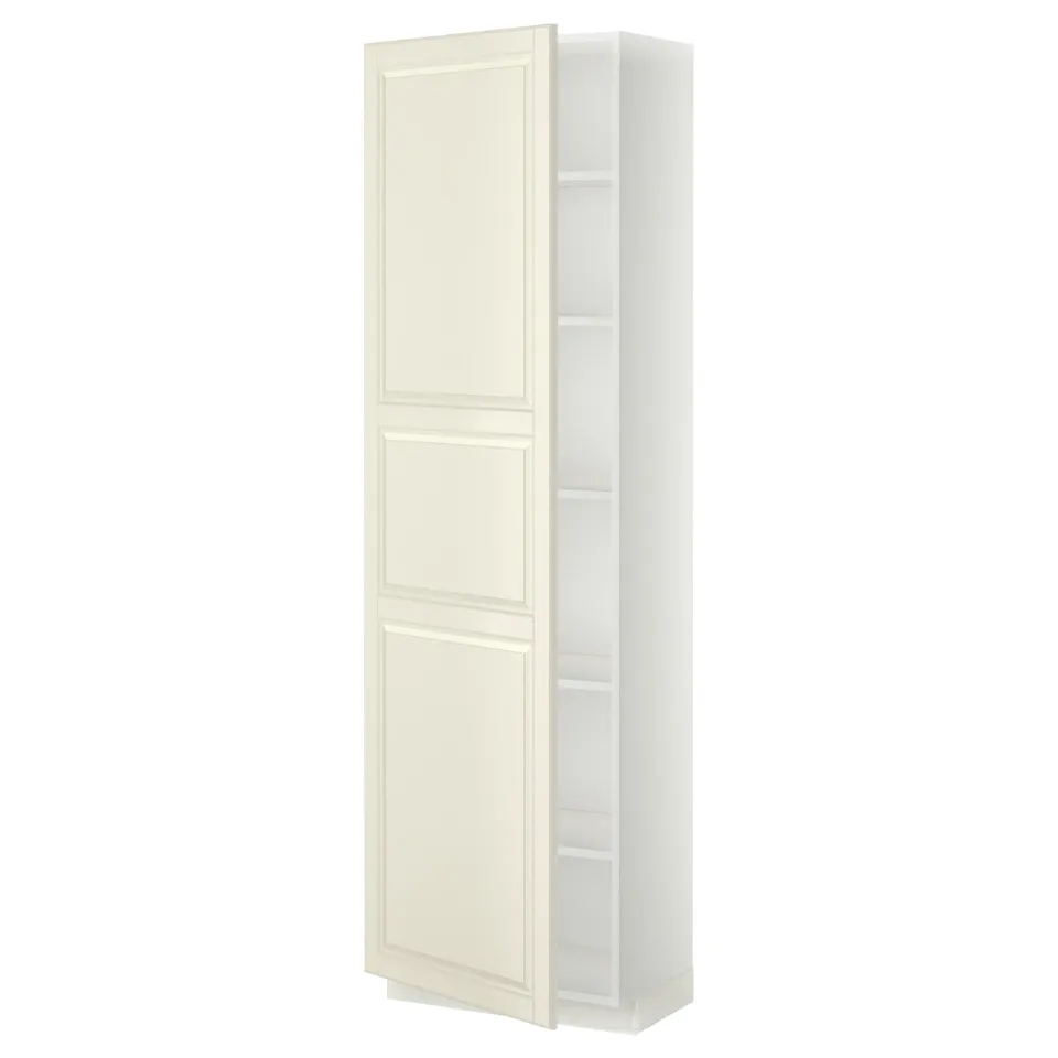 METOD off-white kitchen cabinet with bodbyn fronts, adjustable shelves, bevelled edges.