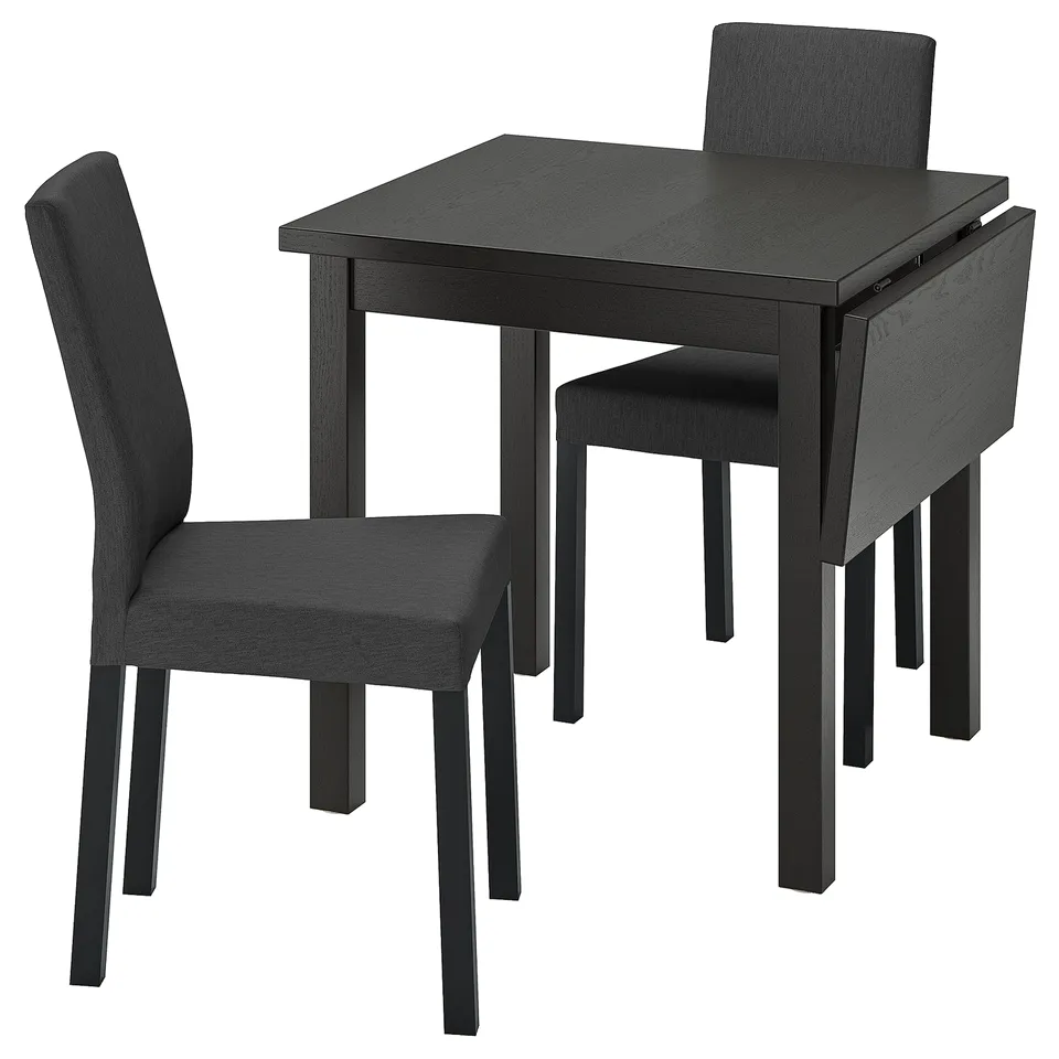 NORDVIKEN: black drop-leaf table & 2 chairs, wooden, modern, space-saving design.