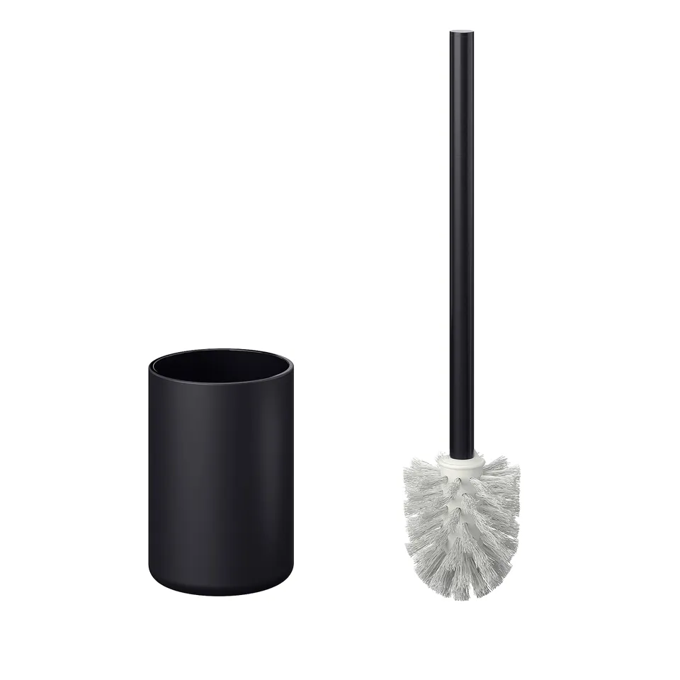 Black GANSJÖN toilet brush and holder set. Holder is cylindrical and brush has a sleek design with white bristles.