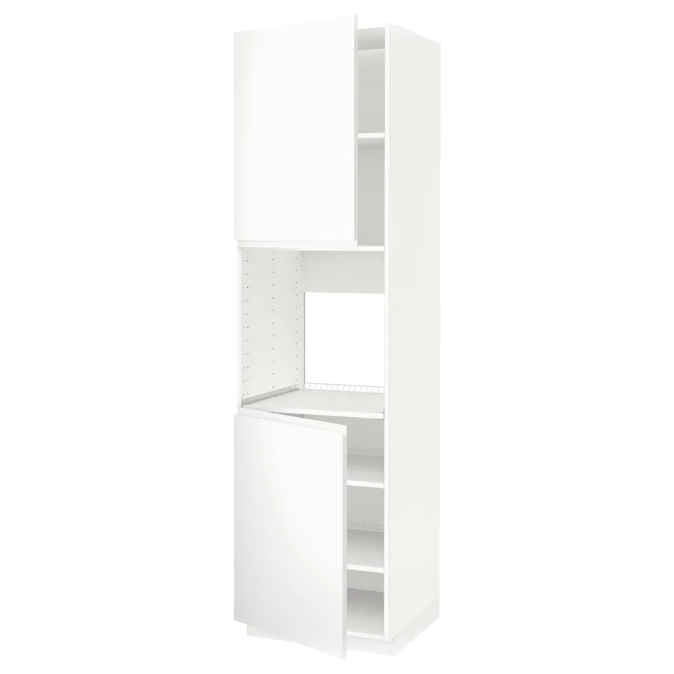 A white METOD kitchen cabinet from IKEA, featuring a sleek design with one open door revealing adjustable shelves.