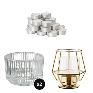 tealight(unscented) + circle tealight holder ×2 + gold-colour tealight holder ×1 set: unscented tealight + tealight holder ×2 + tealight holder, clear glass + gold-colour