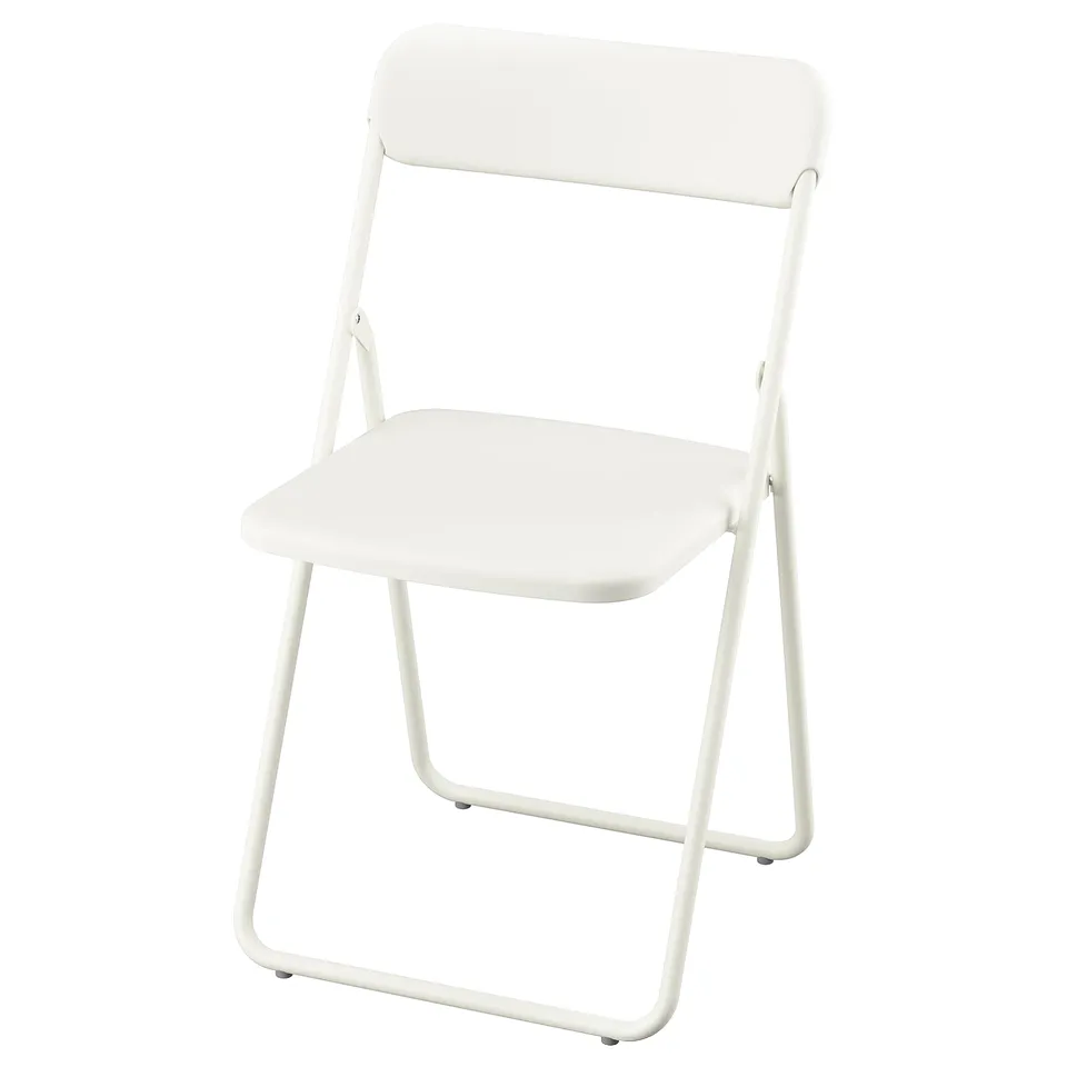 White VIHALS folded chair, sleek modern design, plastic seat, metal frame.