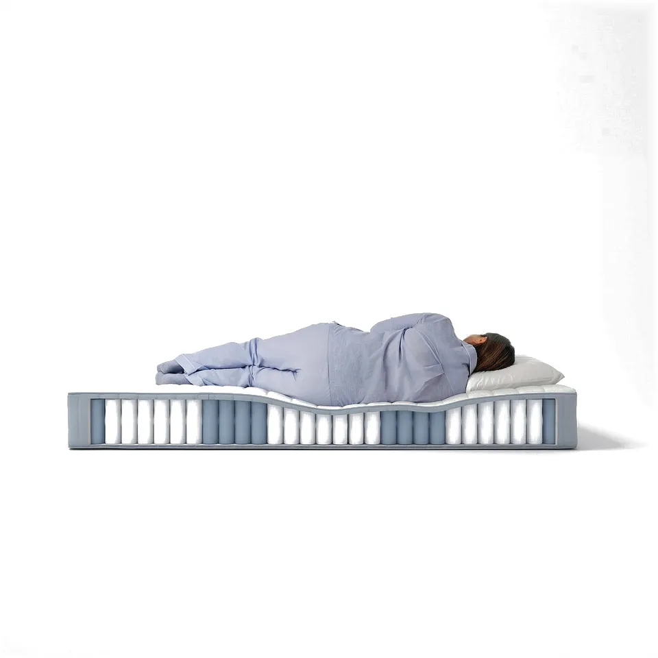 A person sleeping on a blue VALEVÅG mattress with pocket springs against a white background.