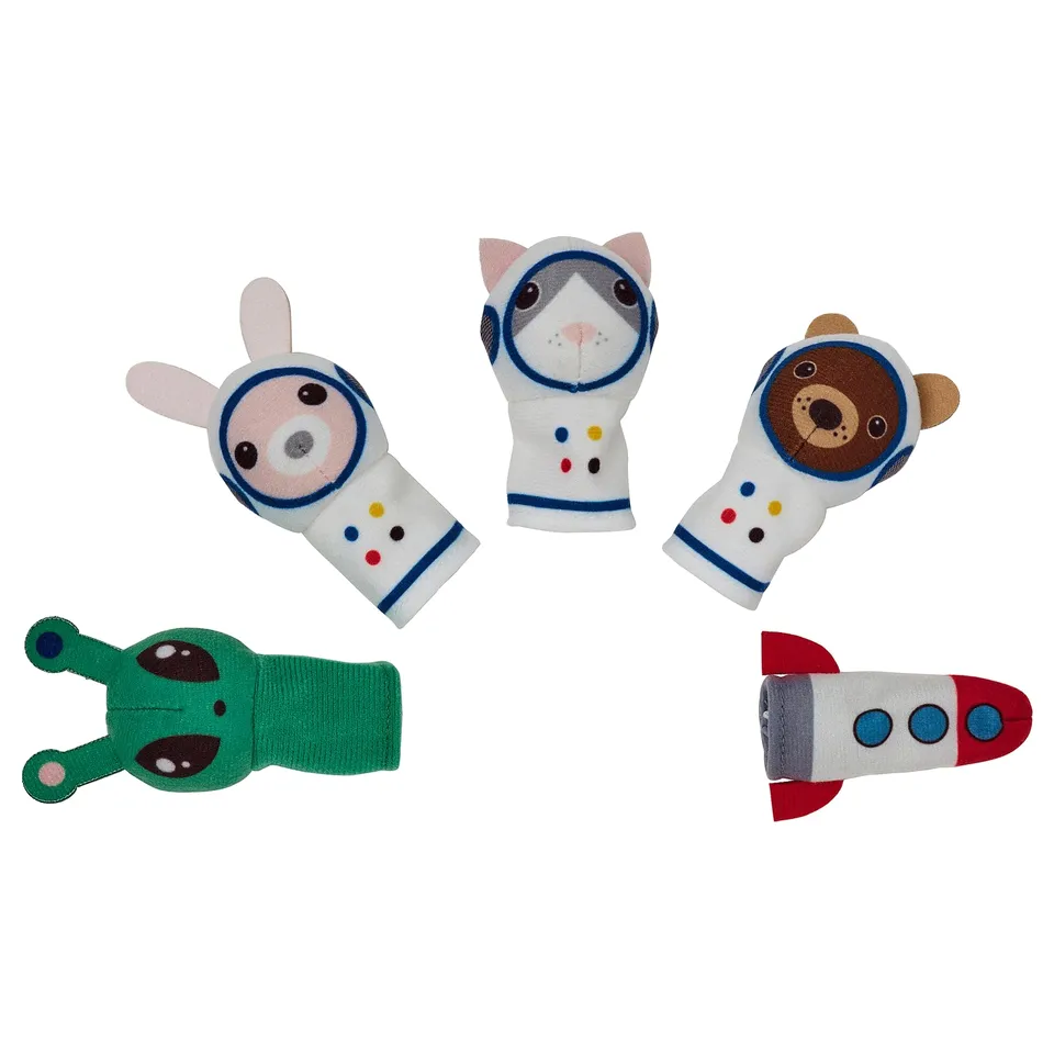 Five colourful finger puppets, including rabbit, cat, dog, alien, and rocket. Made of soft recycled polyester, perfect for imaginative play.