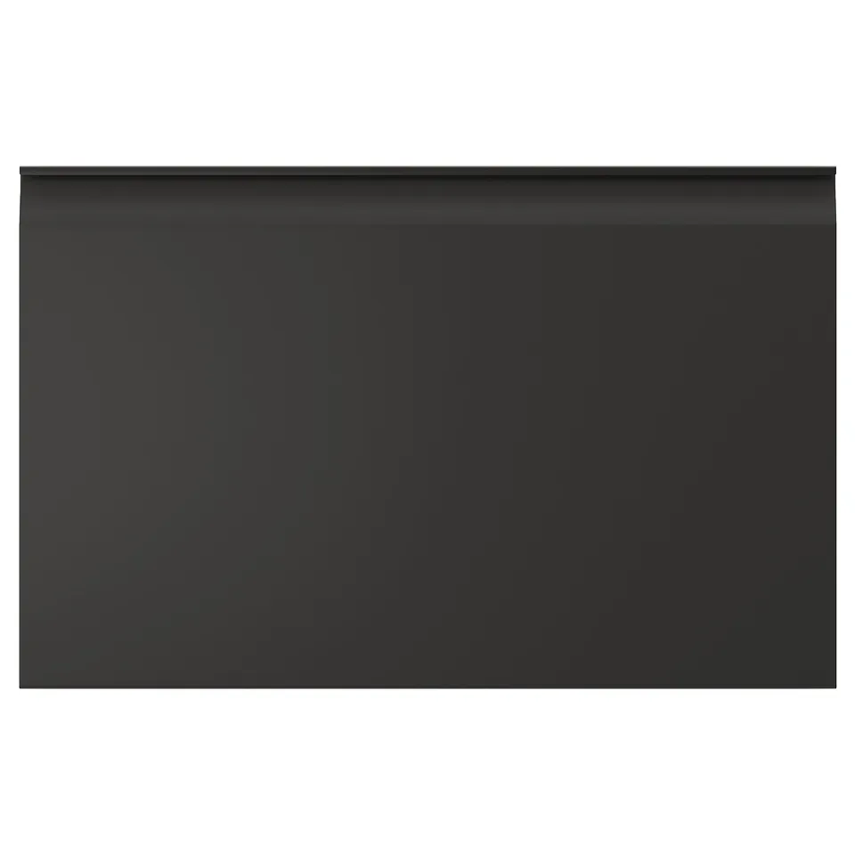 Black rectangular furniture front with sleek, chamfered edges and integrated handles.