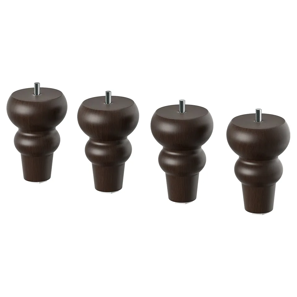 Four VISKAFORS curved wooden furniture legs in dark brown with screws.