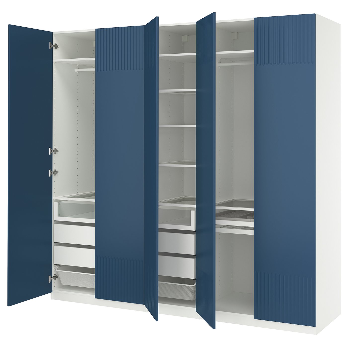 Blue & white PAX wardrobe with shelves & drawers, textured doors.