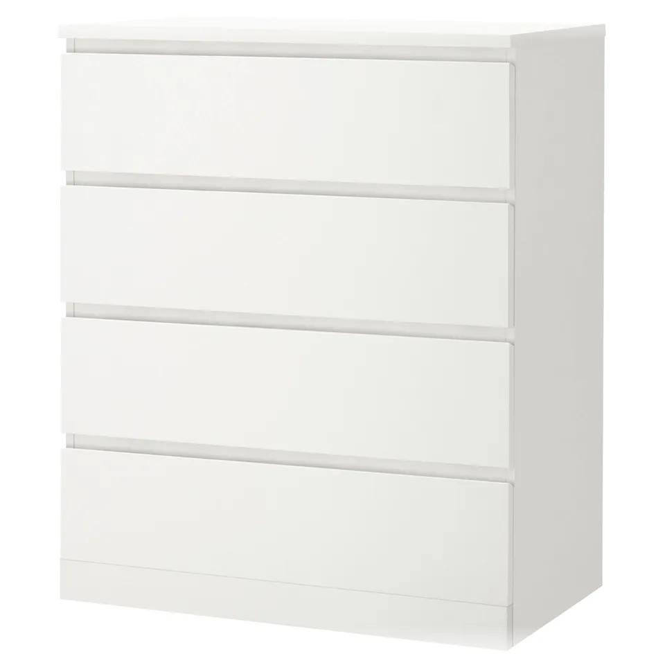 White MALM chest with 4 drawers; minimalist design, smooth surfaces.
