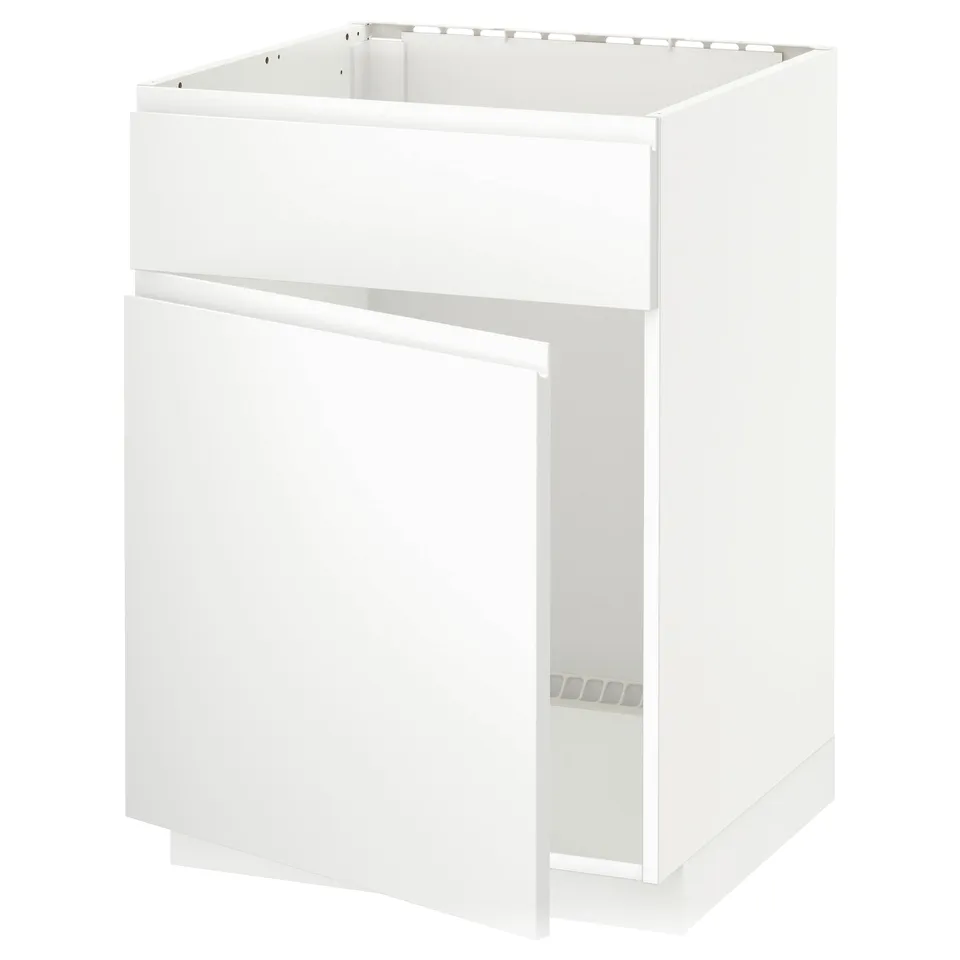 White METOD kitchen cabinet, modern minimalist design, configured for built-in oven/sink.