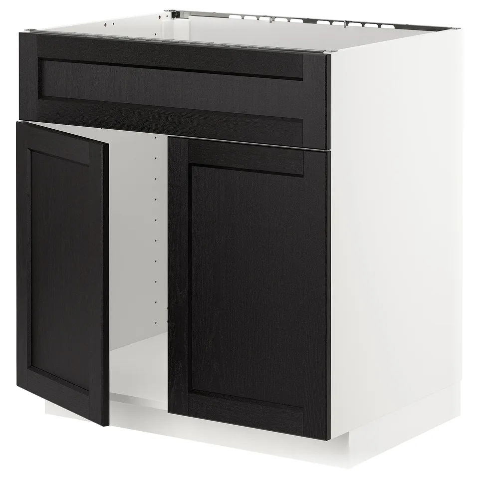 METOD kitchen cabinet with black lerhyttan fronts and bevelled edges, two doors and one drawer.