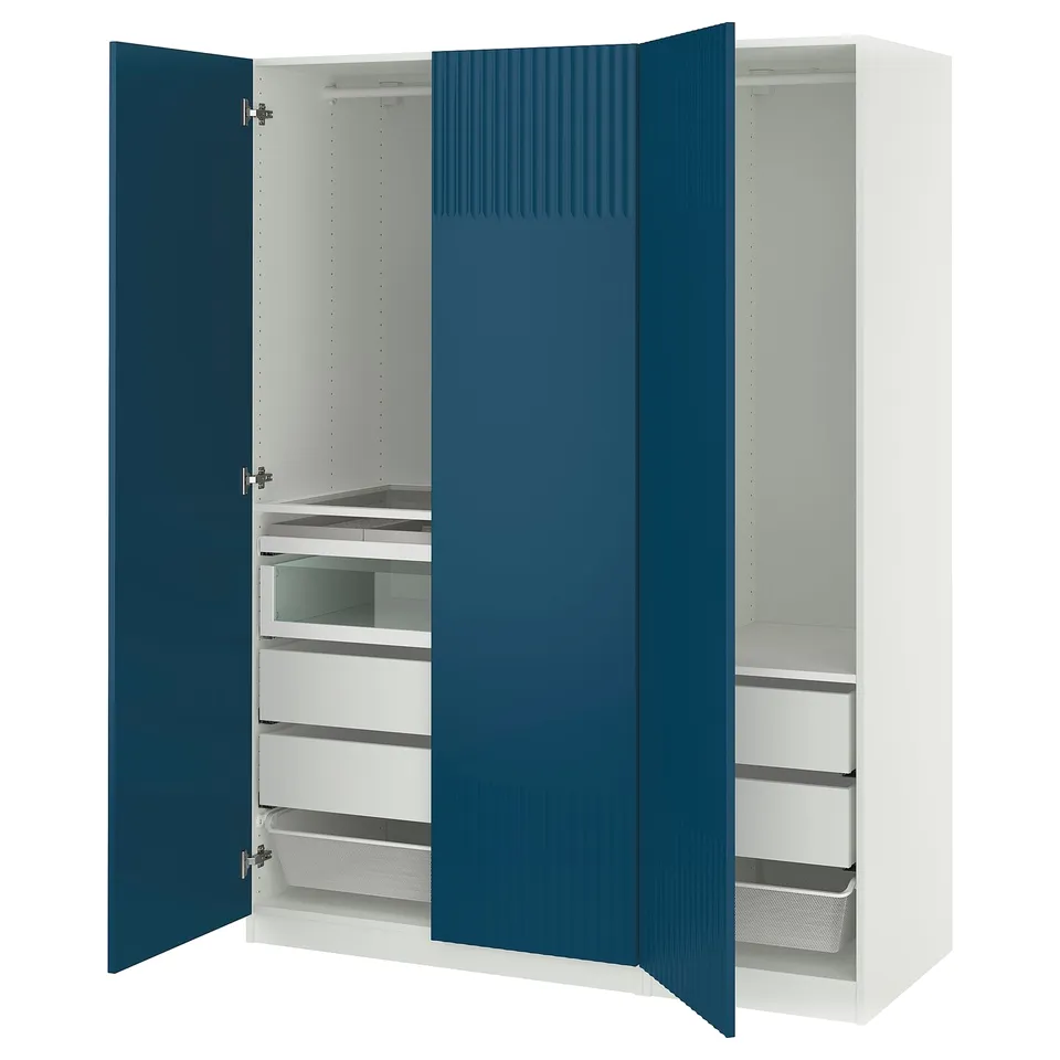 PAX wardrobe: blue doors, white interior, mesh baskets, glass shelves.