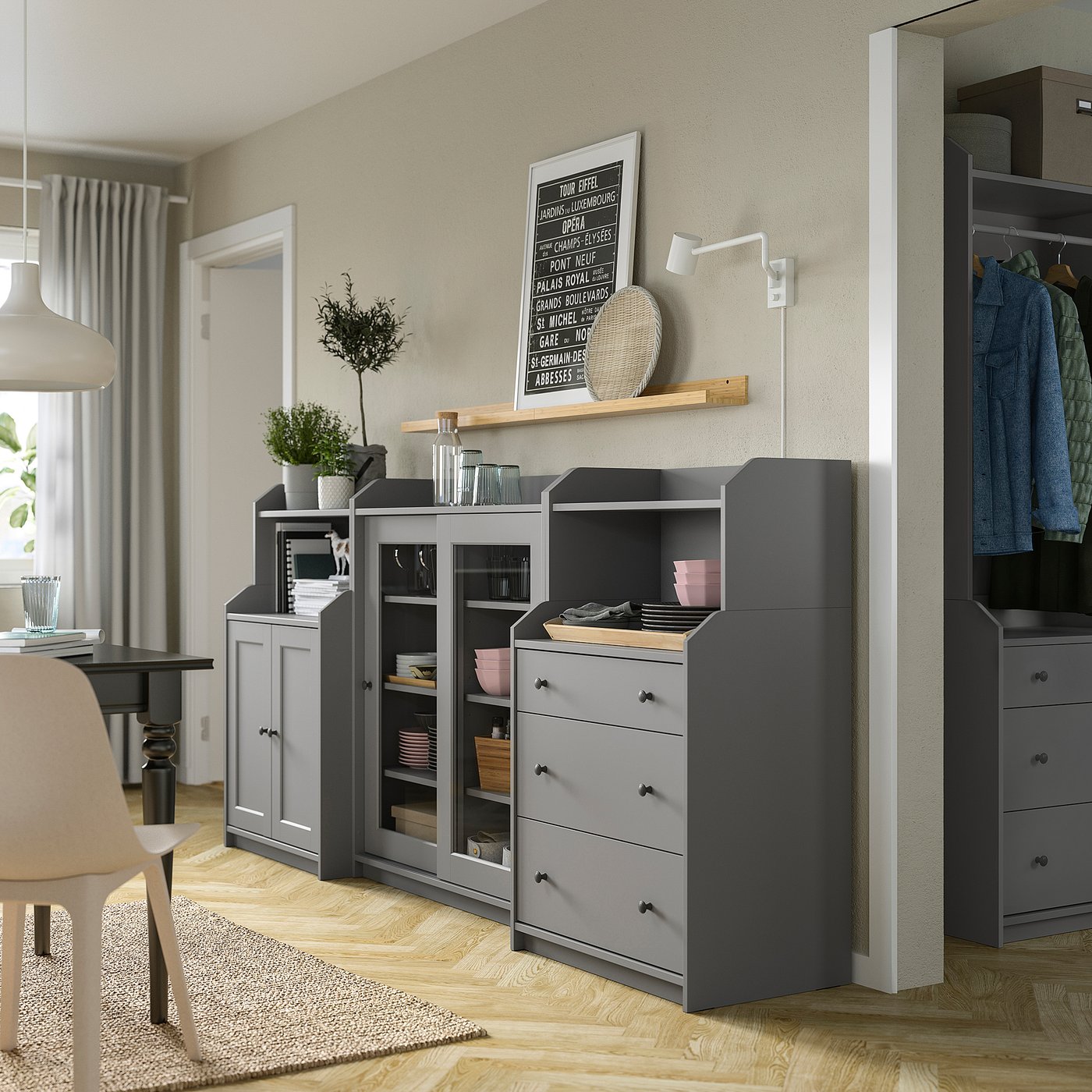 Modern grey storage: open/closed shelves, functional & stylish, wall-mountable, dust-free options.