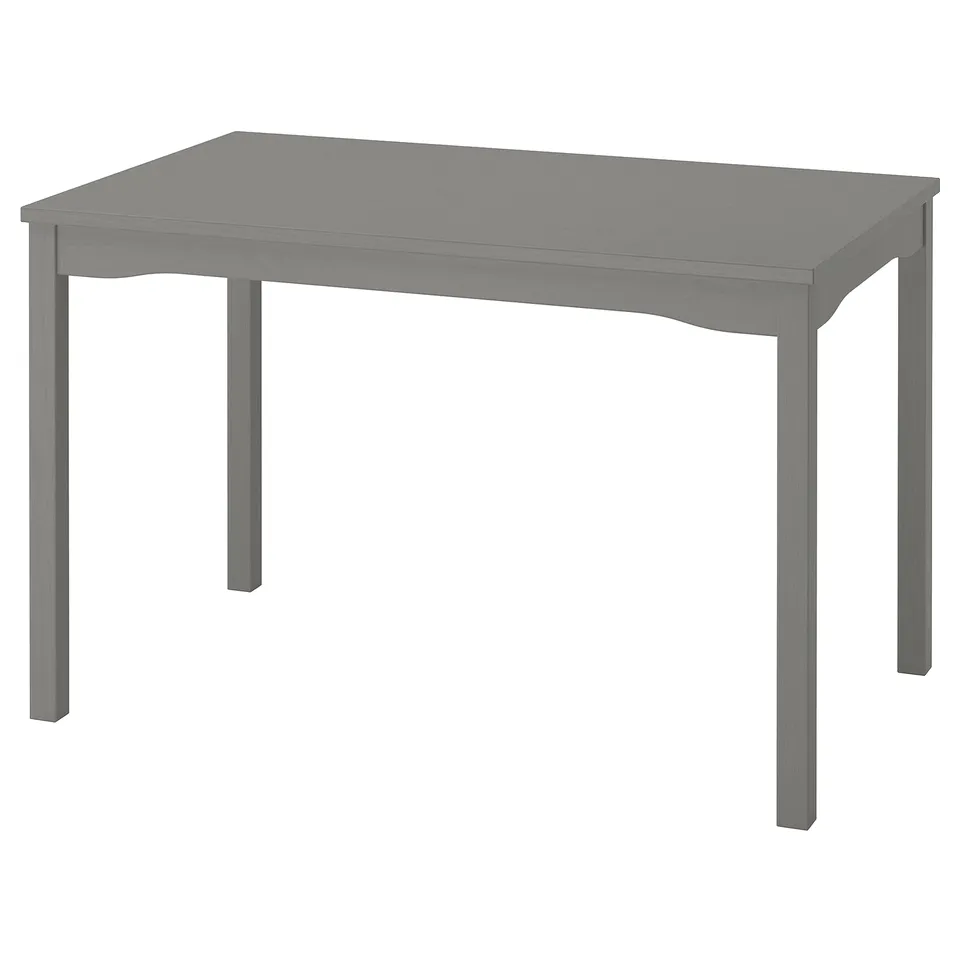 A square HAUGA dining table in light grey with a minimalist design made from birch and particleboard.