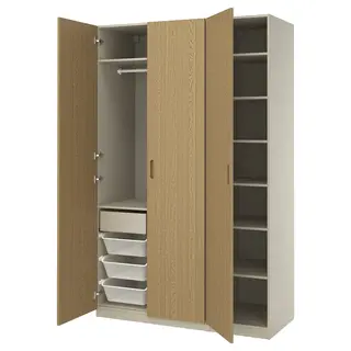 PAX / TONSTAD wardrobe combination, grey-beige/oak veneer, 150x60x236 cm