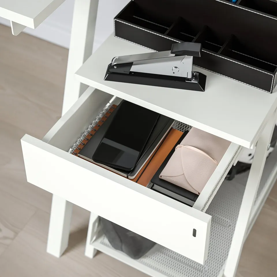 White trotton storage unit with open drawer, locks, and shelves for secure, small, and large item storage.