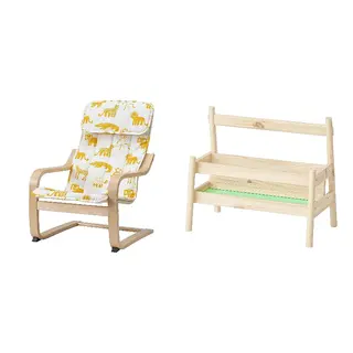 FLISAT/POÄNG set: children's armchair + book display, birch veneer/Skogbo animal pattern, Width 47 x Depth 56 x Height 68 cm
