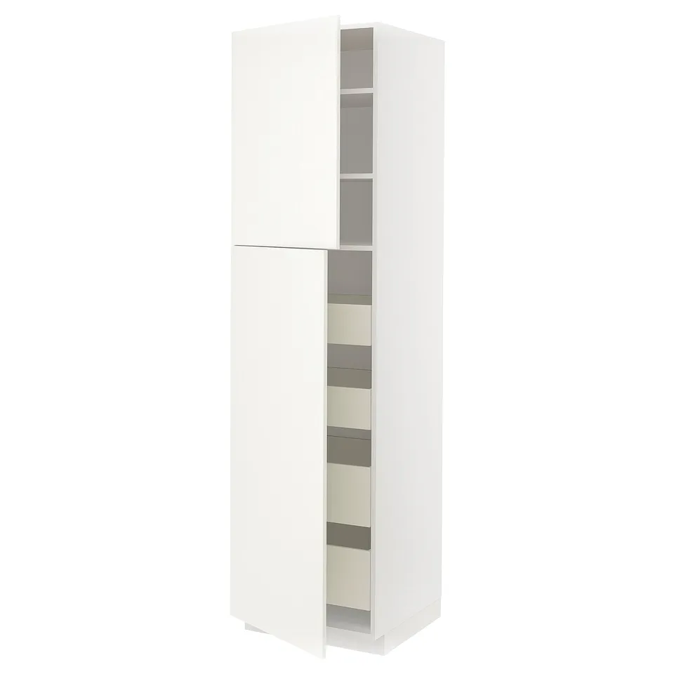White METOD kitchen cabinet with beige havstorp doors open, revealing shelves.