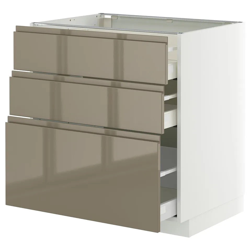 Modern kitchen unit - METOD, high-gloss dark grey-brown, 3 drawers, stainless steel handles.