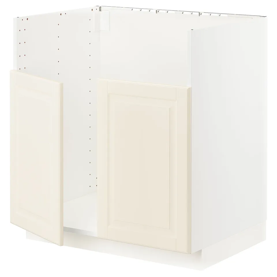 White kitchen cabinet, traditional design, bevelled edges, metal hinges, 18mm thick.