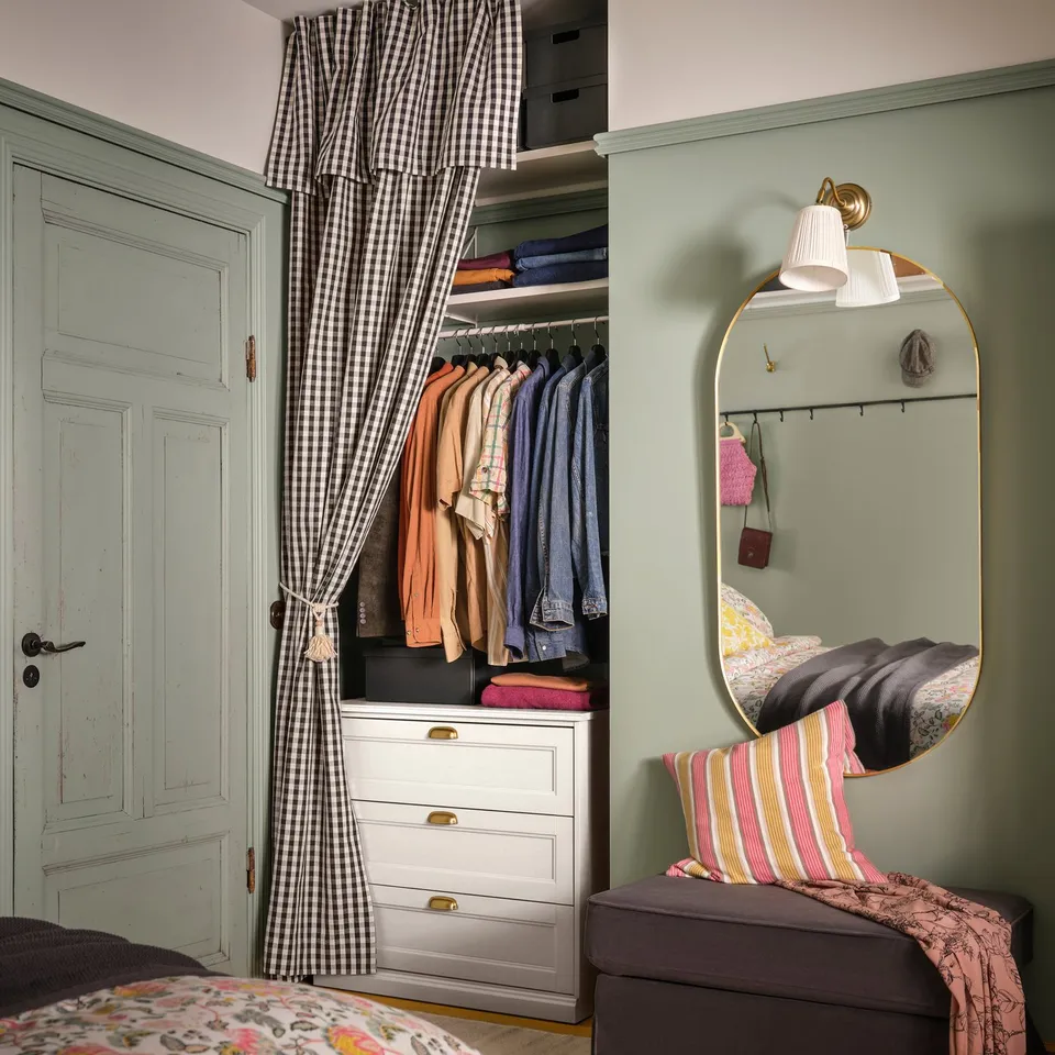 EKTORP Footstool with storage, Hakebo grey-green
