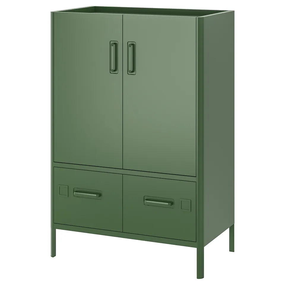A green metal IDÅSEN cabinet with two drawers and two doors, designed for office storage.