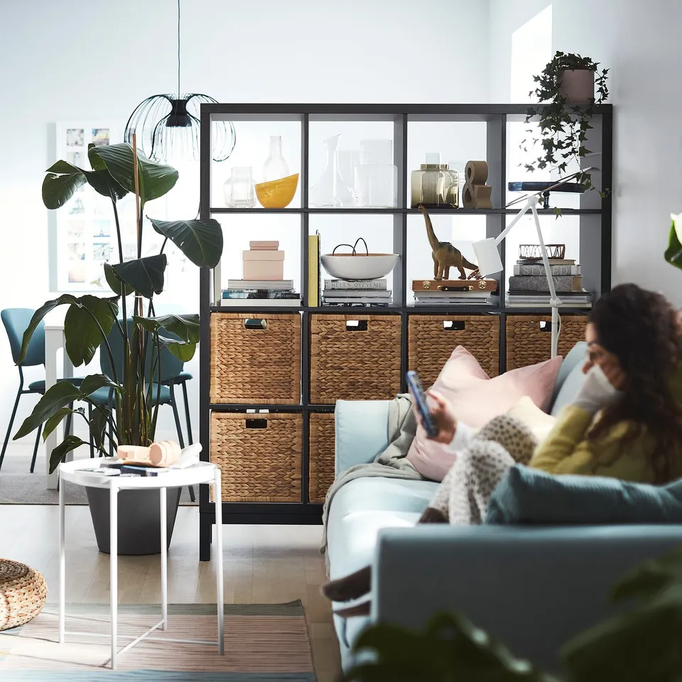 Living room with blue couch, smartphone user, KALLAX shelves, plant.
