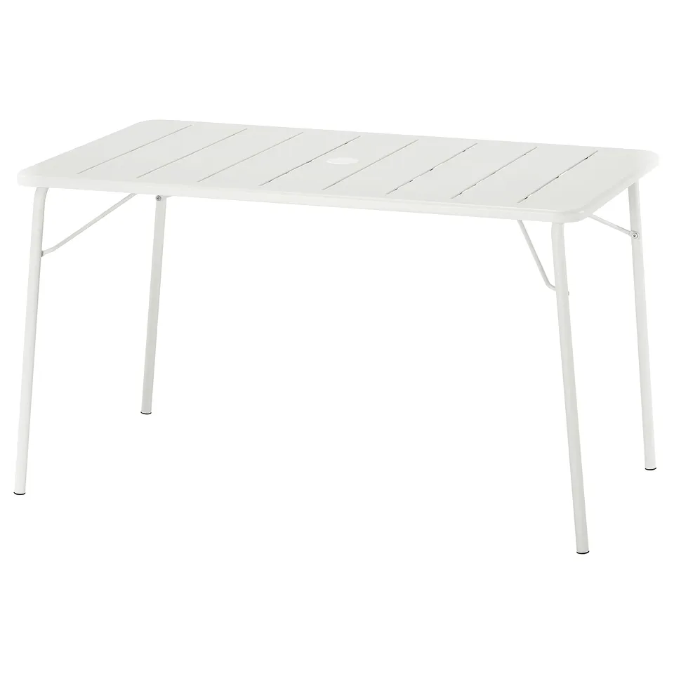 White foldable outdoor table, sleek design, durable powder-coated steel.