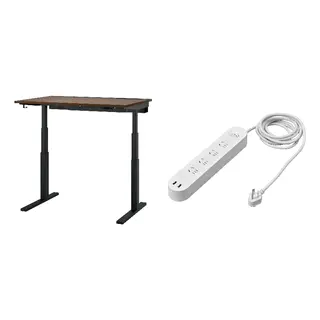 KOPPLA/MITTZON set: desk sit/stand + 4-way socket with 2 USB ports, electric walnut veneer/black + white, 120x80 cm
