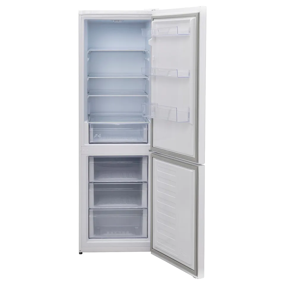 An open white refrigerator with clear bins, tempered glass shelves, and integrated led lights.